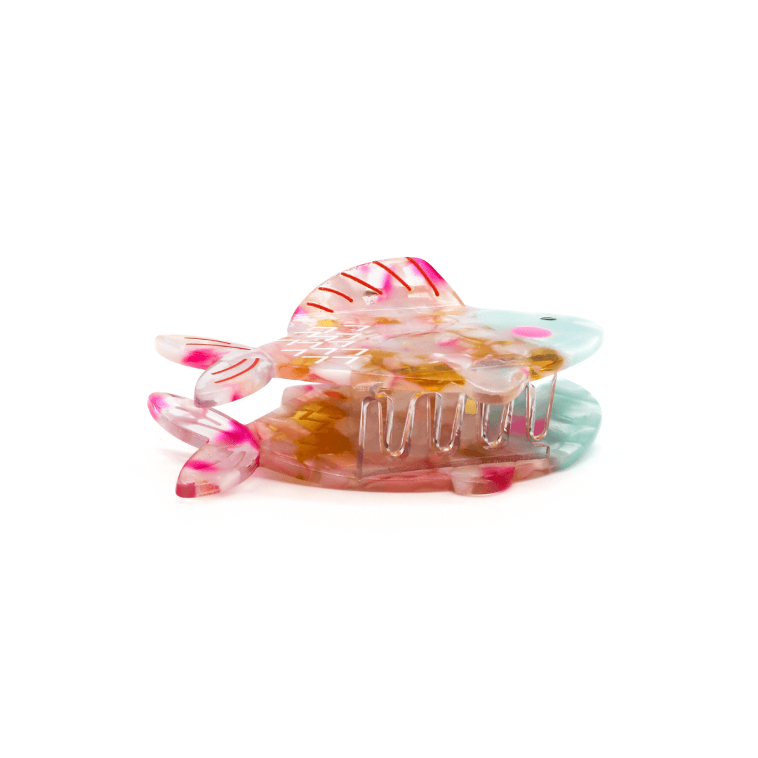 PINK FISH HAIRCLIP in vibrant ocean-inspired colors, made from smooth cellulose acetate, 4.5 x 8 cm.
